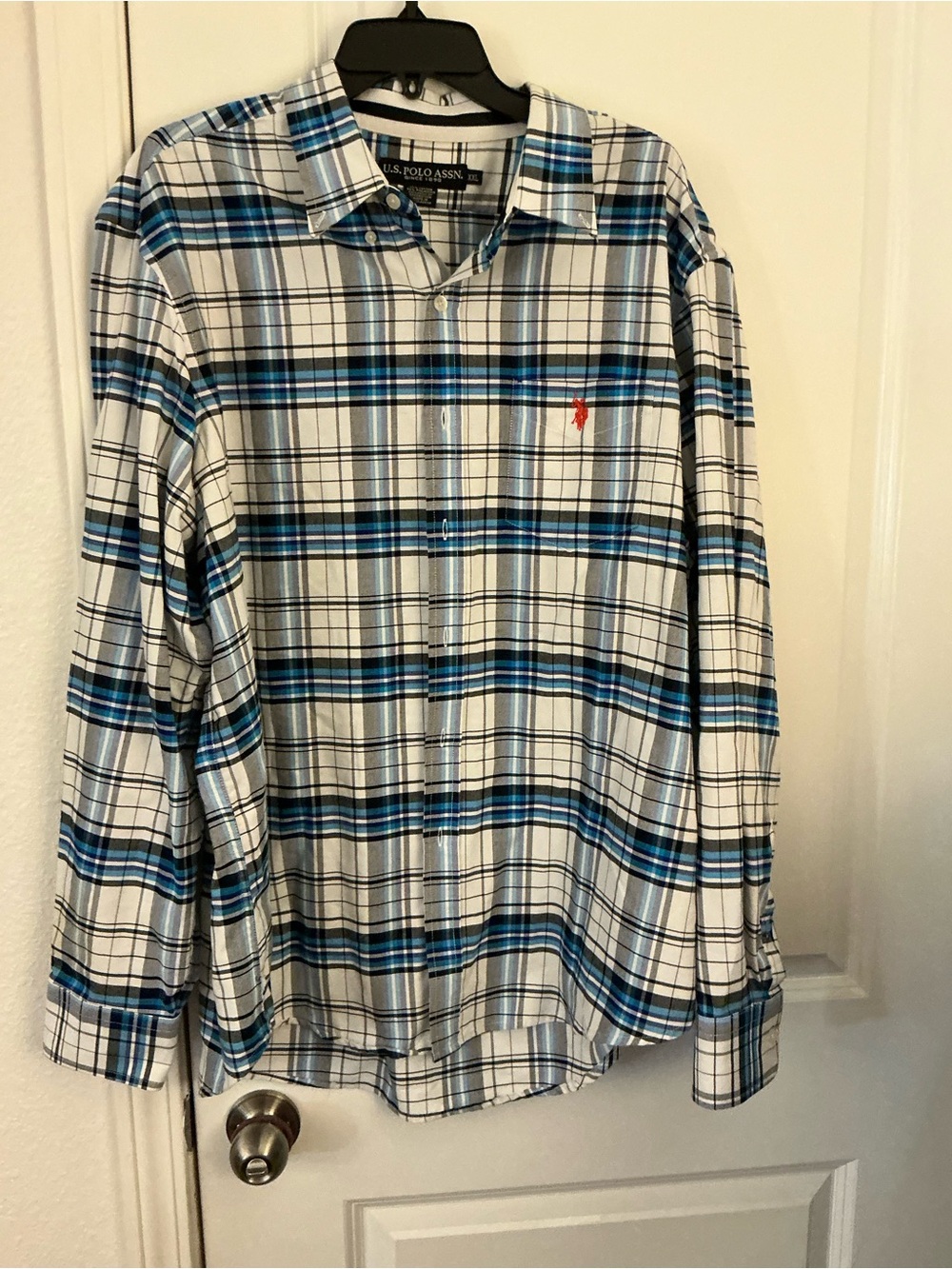 U.S. Polo Assn Men Plaid Long Sleeve Button Down Shirt XXL White Blue NWOT